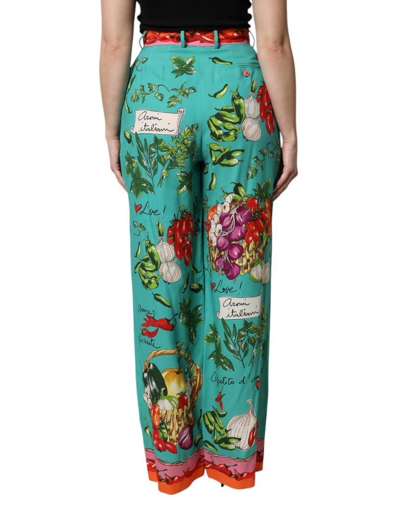 Green Silk Printed Straight Pants Dolce & Gabbana