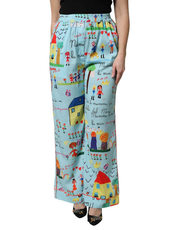 Light Blue Drawing Mid Waist Wide Leg Pants Dolce & Gabbana