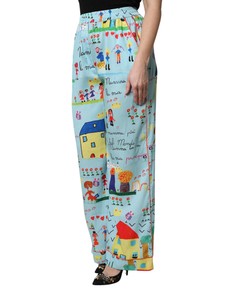 Light Blue Drawing Mid Waist Wide Leg Pants Dolce & Gabbana