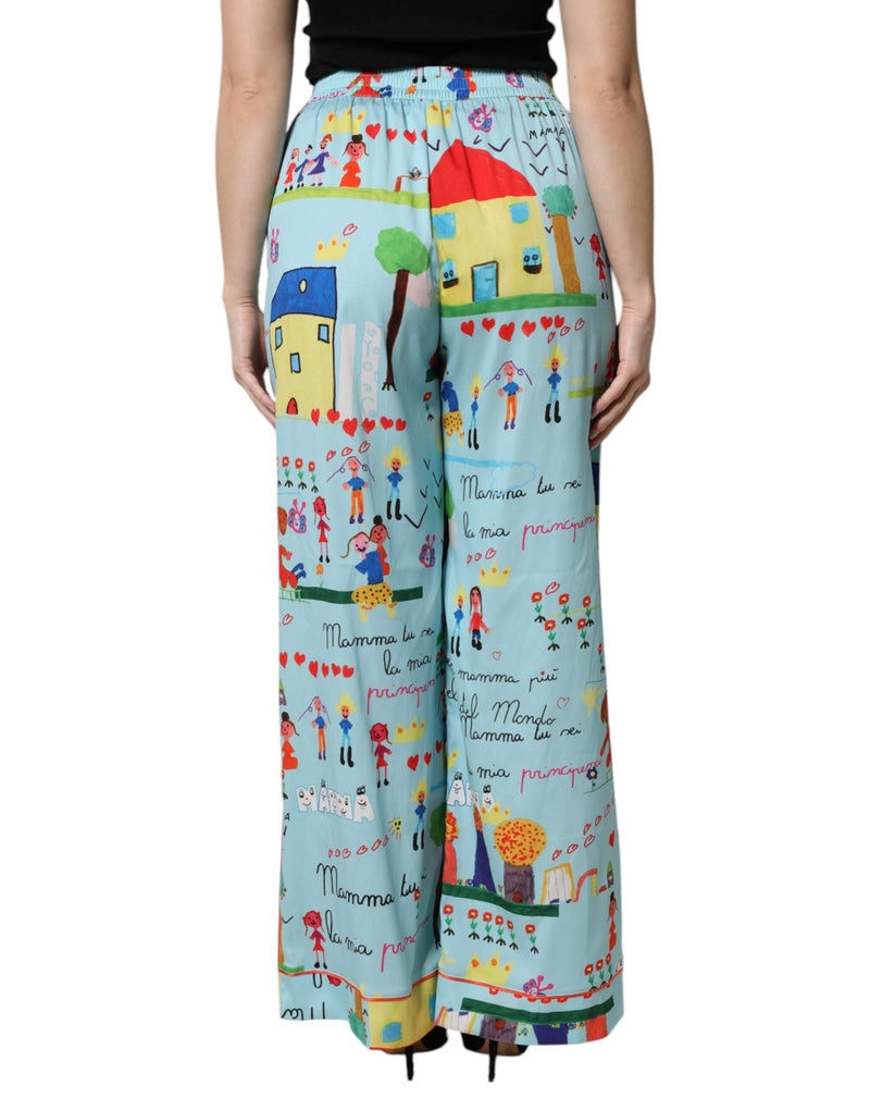 Light Blue Drawing Mid Waist Wide Leg Pants Dolce & Gabbana