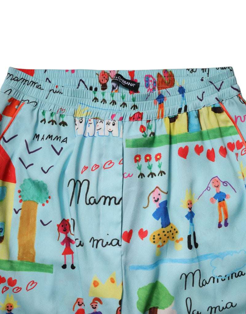 Light Blue Drawing Mid Waist Wide Leg Pants Dolce & Gabbana