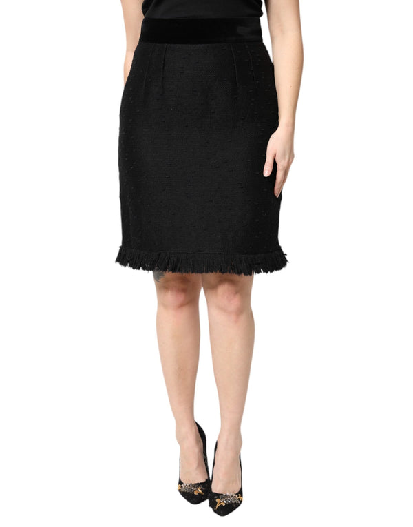 Black Wool Fringe High Waist Pencil Mini Skirt Dolce & Gabbana