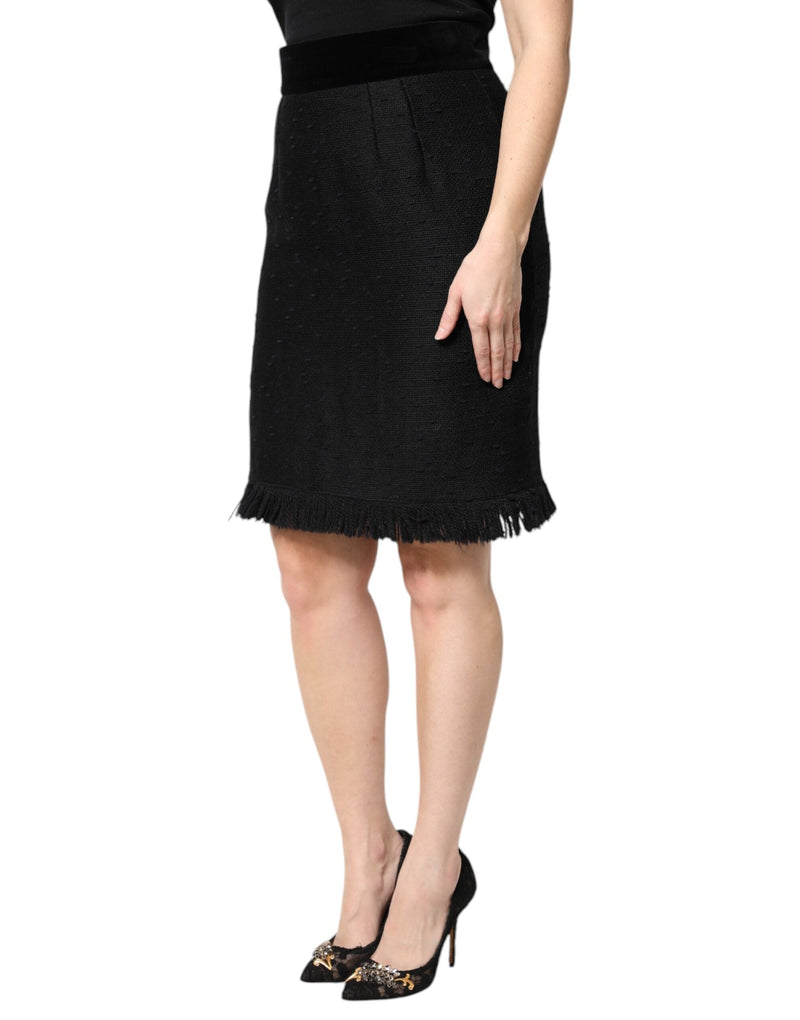 Black Wool Fringe High Waist Pencil Mini Skirt Dolce & Gabbana