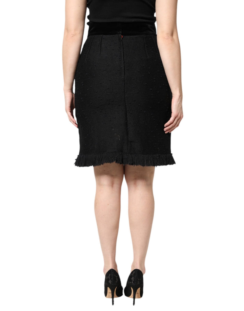 Black Wool Fringe High Waist Pencil Mini Skirt Dolce & Gabbana