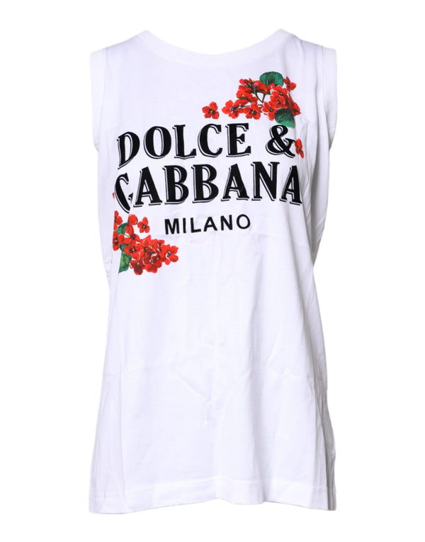 White Floral Printed Cotton Sleeveless T-shirt Dolce & Gabbana