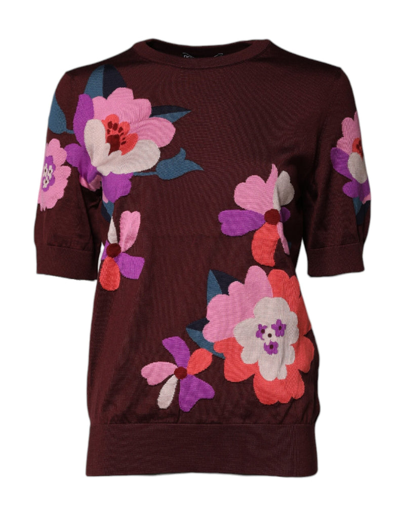 Maroon Floral Silk Crew Neck Blouse Top Dolce & Gabbana
