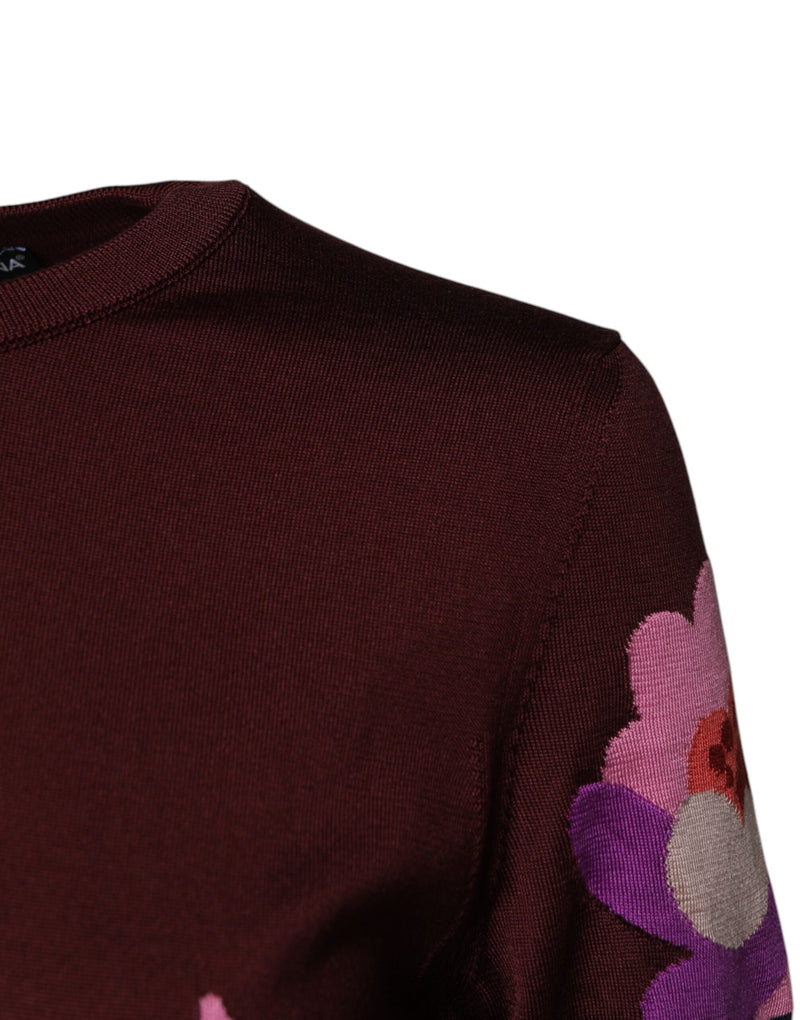 Maroon Floral Silk Crew Neck Blouse Top Dolce & Gabbana