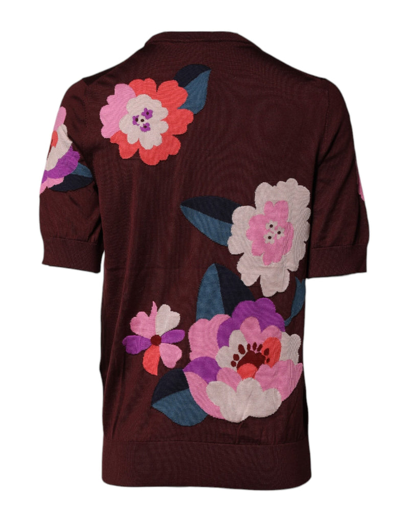 Maroon Floral Silk Crew Neck Blouse Top Dolce & Gabbana