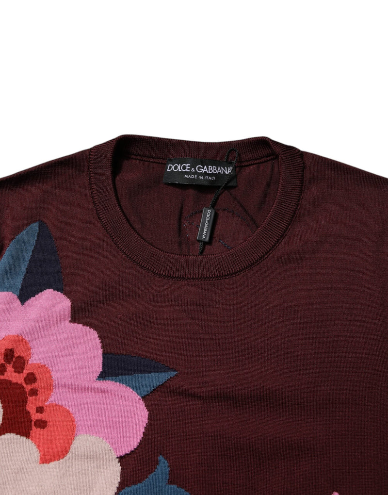 Maroon Floral Silk Crew Neck Blouse Top Dolce & Gabbana