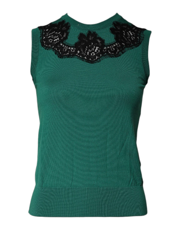 Green Wool Lace Detail Sleeveless Tank Top Dolce & Gabbana