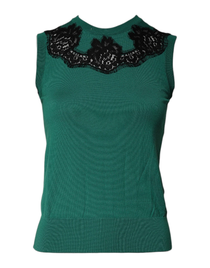 Green Wool Lace Detail Sleeveless Tank Top Dolce & Gabbana
