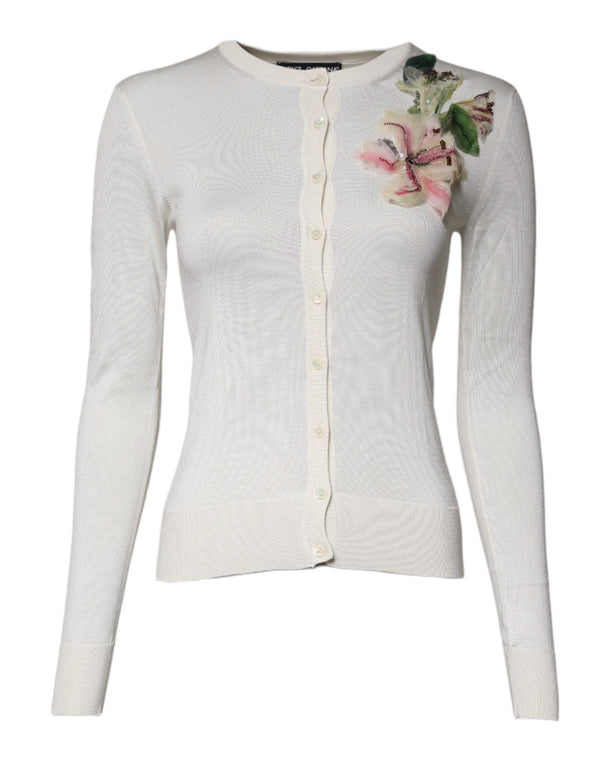 Cream Floral Silk Embellished Cardigan Sweater Dolce & Gabbana