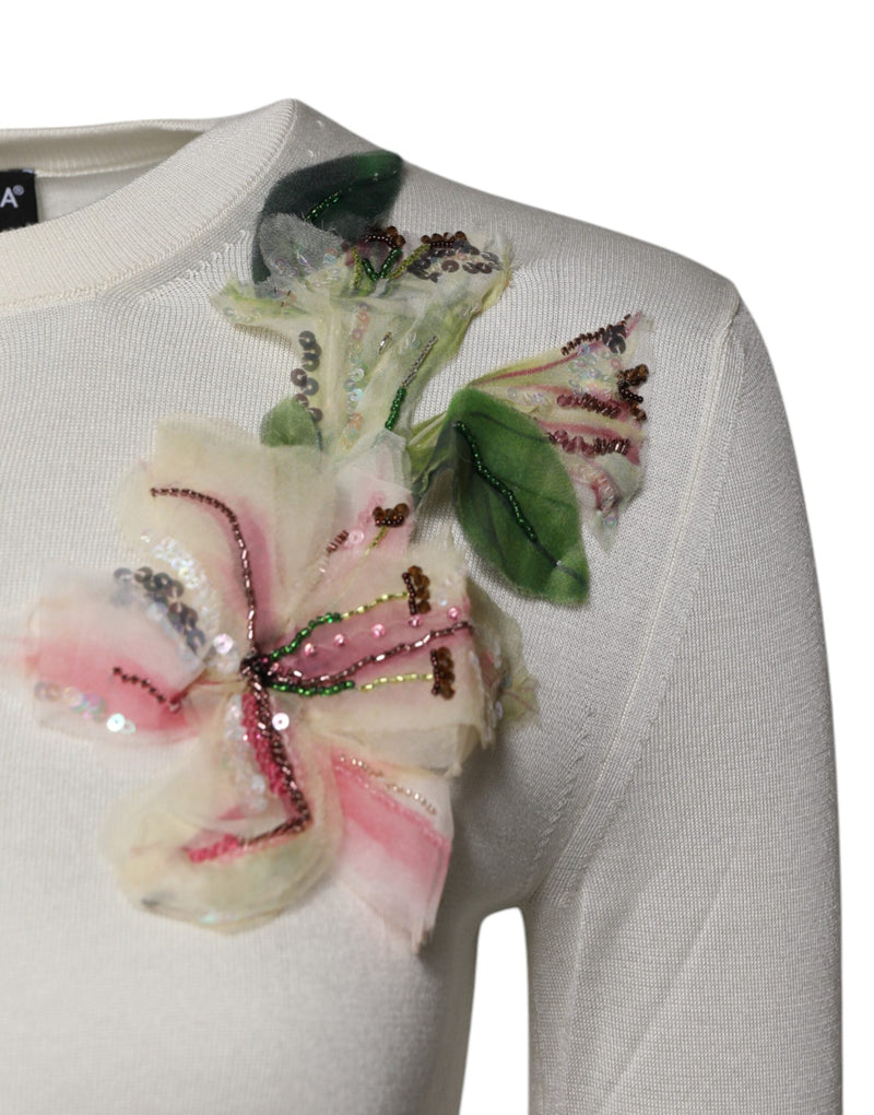 Cream Floral Silk Embellished Cardigan Sweater Dolce & Gabbana