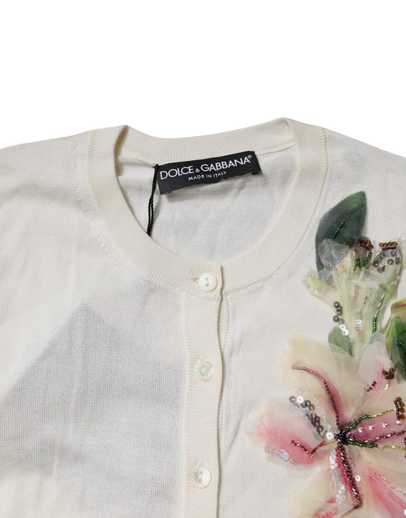 Cream Floral Silk Embellished Cardigan Sweater Dolce & Gabbana