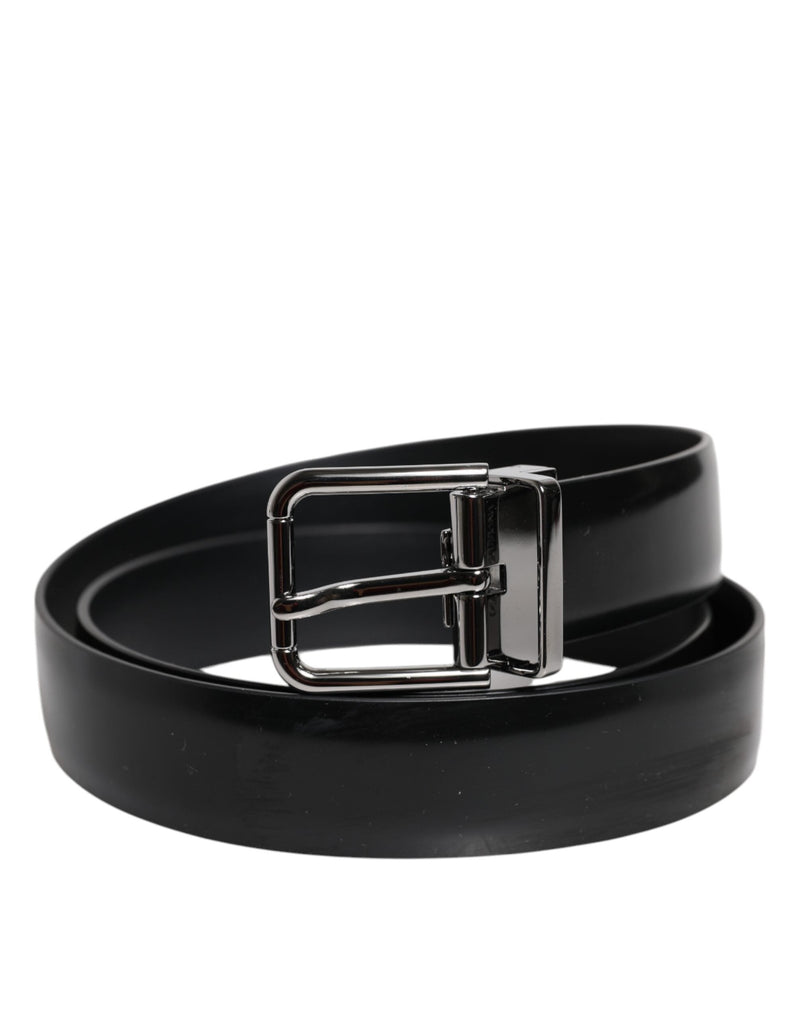 Black Shiny Leather Silver Metal Buckle Belt Dolce & Gabbana