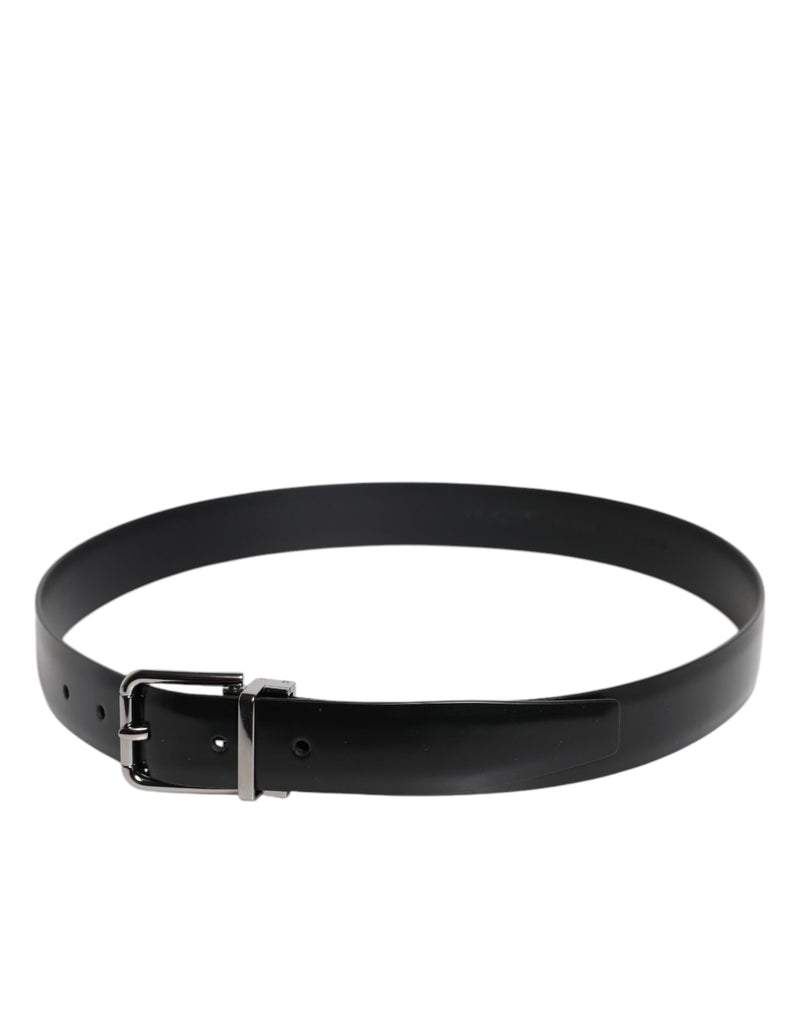 Black Shiny Leather Silver Metal Buckle Belt Dolce & Gabbana