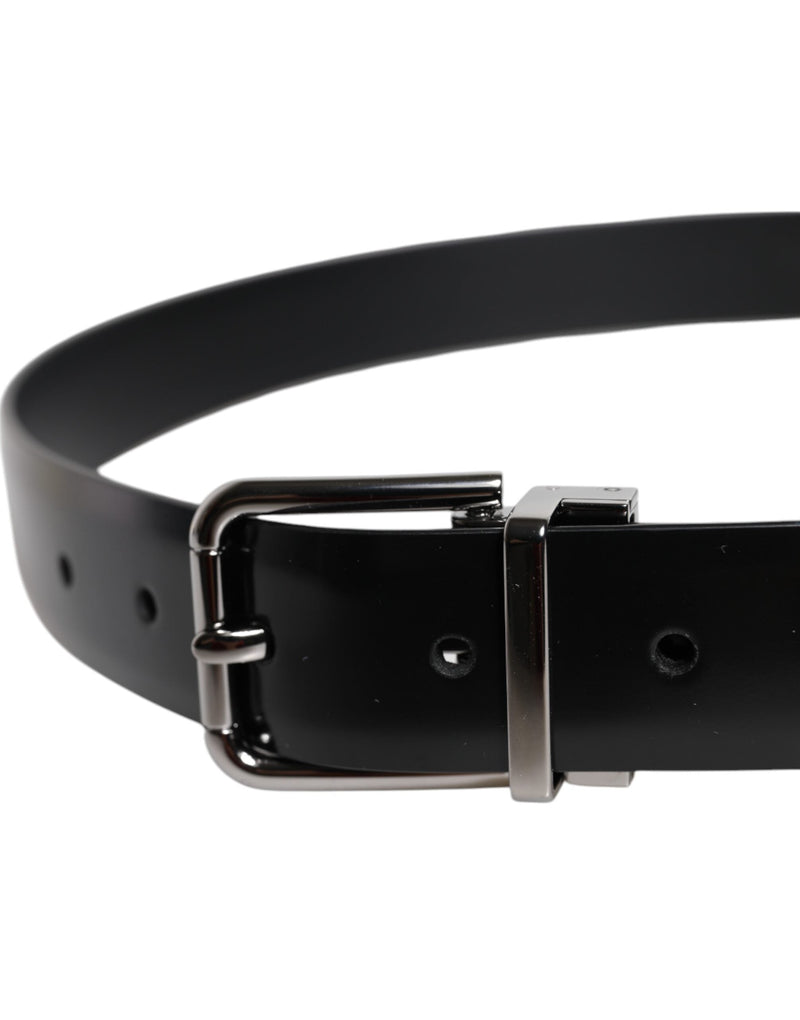 Black Shiny Leather Silver Metal Buckle Belt Dolce & Gabbana