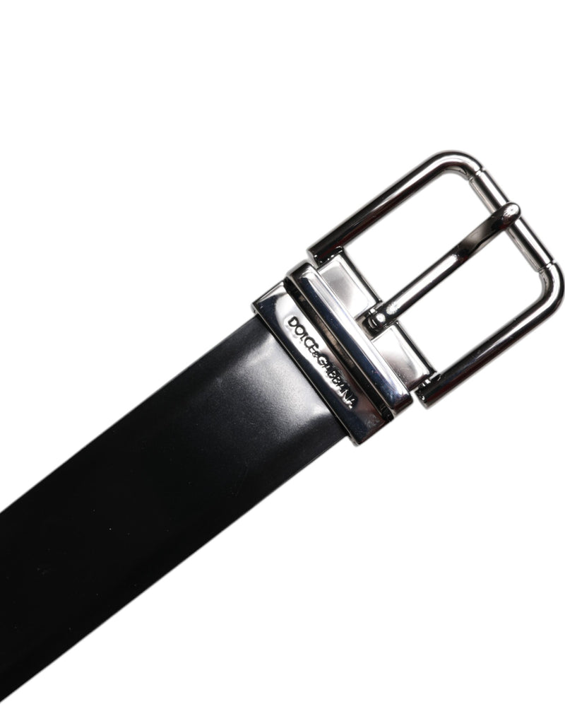 Black Shiny Leather Silver Metal Buckle Belt Dolce & Gabbana