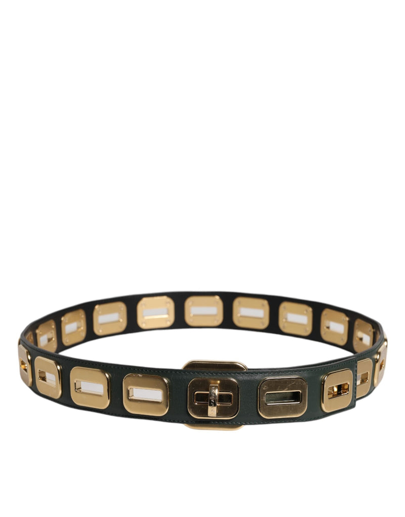 Green Leather Gold Tone Rotating Buckle Belt Dolce & Gabbana