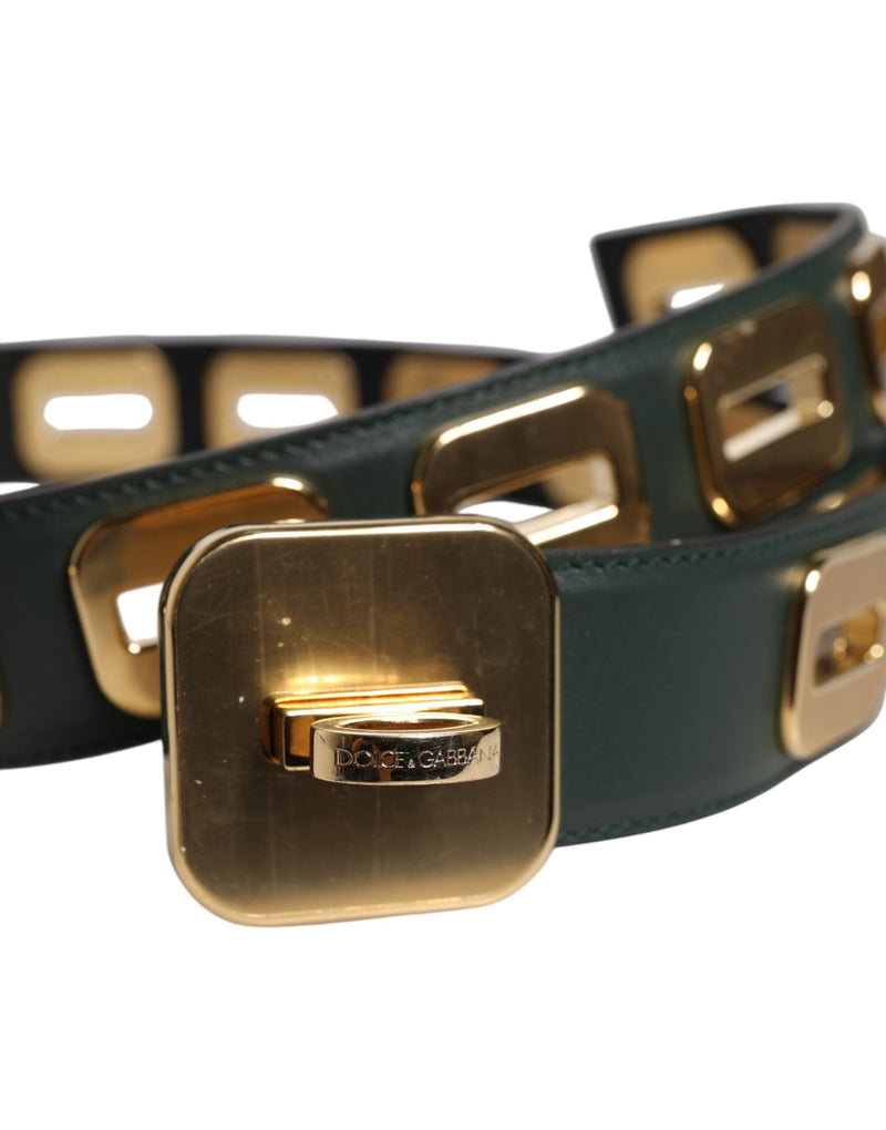 Green Leather Gold Tone Rotating Buckle Belt Dolce & Gabbana