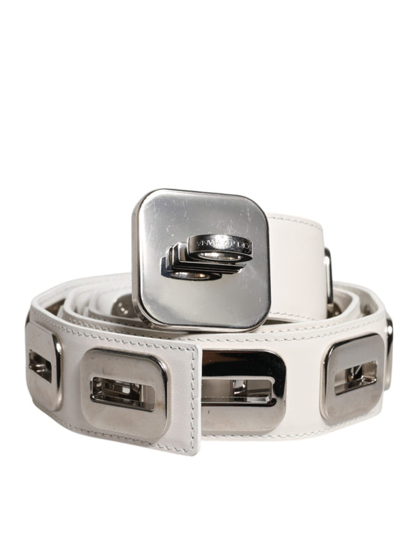 White Leather Gold Tone Rotating Buckle Belt Dolce & Gabbana