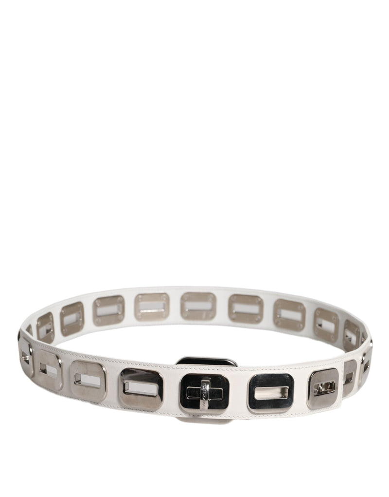 White Leather Gold Tone Rotating Buckle Belt Dolce & Gabbana