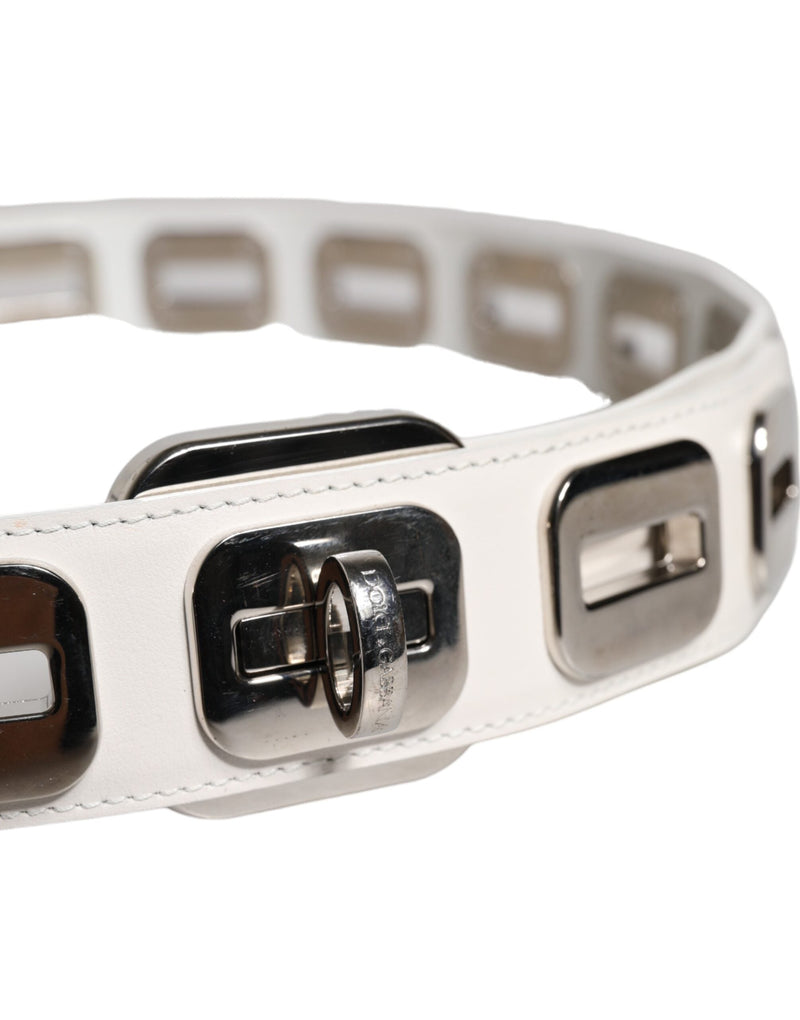 White Leather Gold Tone Rotating Buckle Belt Dolce & Gabbana