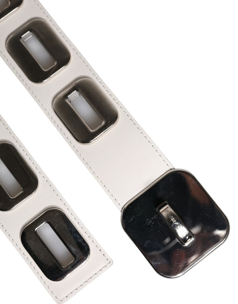 White Leather Gold Tone Rotating Buckle Belt Dolce & Gabbana