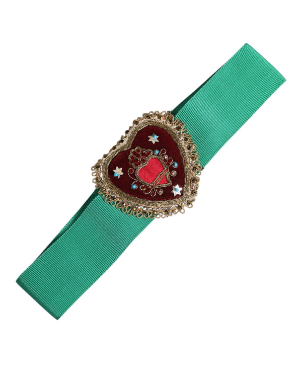 Green Stretch Wide Waist Heart Embellished Belt Dolce & Gabbana
