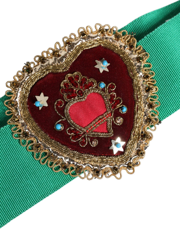 Green Stretch Wide Waist Heart Embellished Belt Dolce & Gabbana