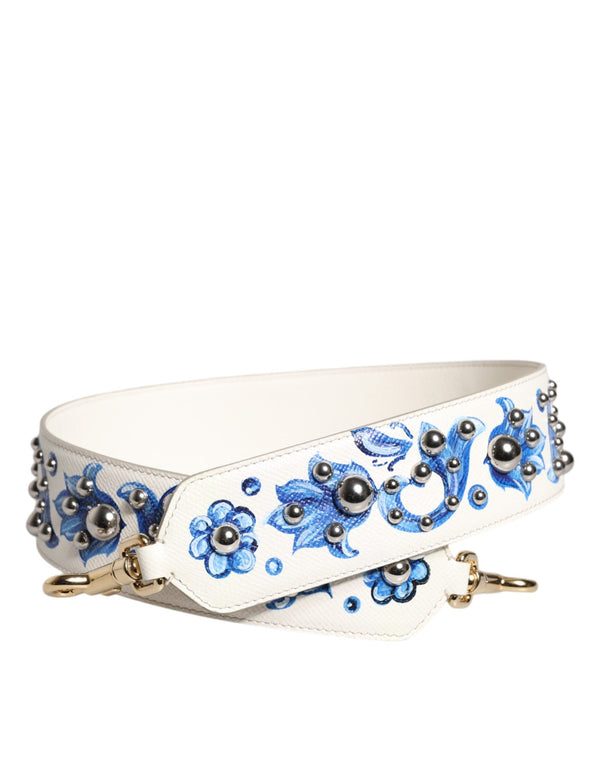 White Blue Floral Leather Stud Shoulder Strap Dolce & Gabbana