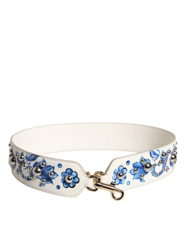 White Blue Floral Leather Stud Shoulder Strap Dolce & Gabbana
