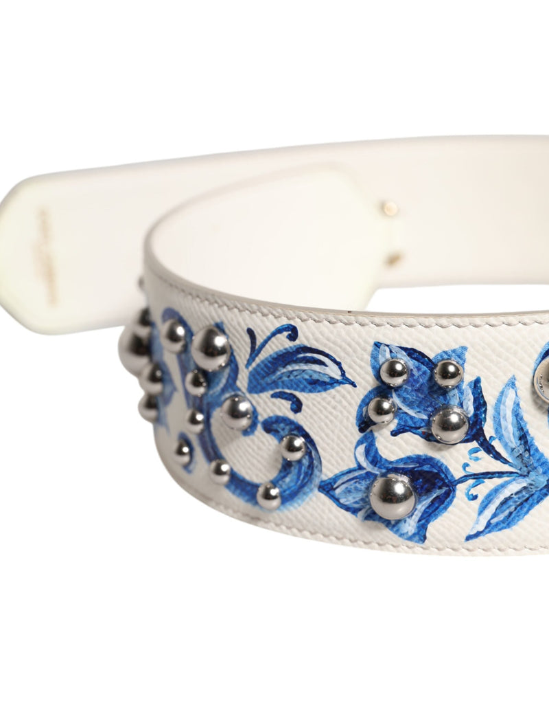 White Blue Floral Leather Stud Shoulder Strap Dolce & Gabbana