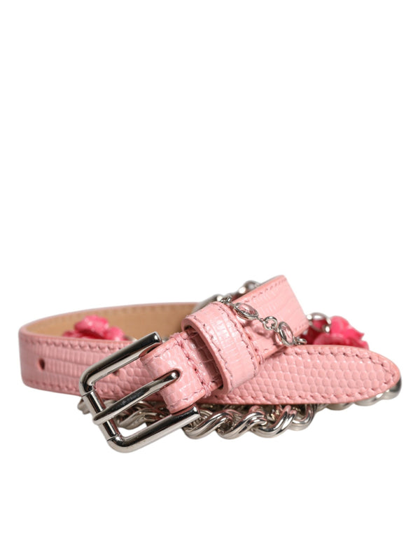 Pink Embelished Roses Textured Leather Belt Dolce & Gabbana