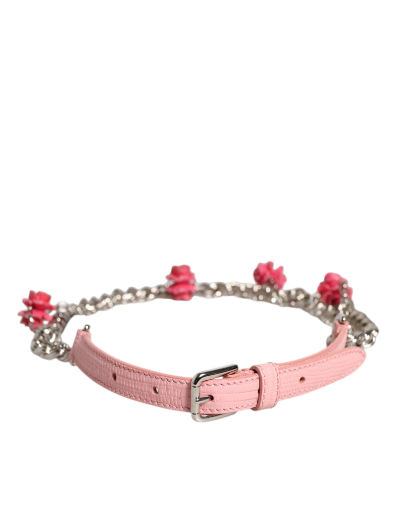 Pink Embelished Roses Textured Leather Belt Dolce & Gabbana