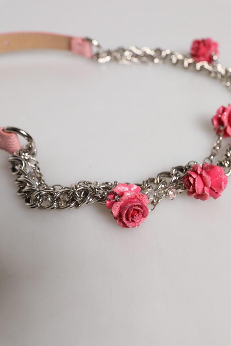 Pink Embelished Roses Textured Leather Belt Dolce & Gabbana