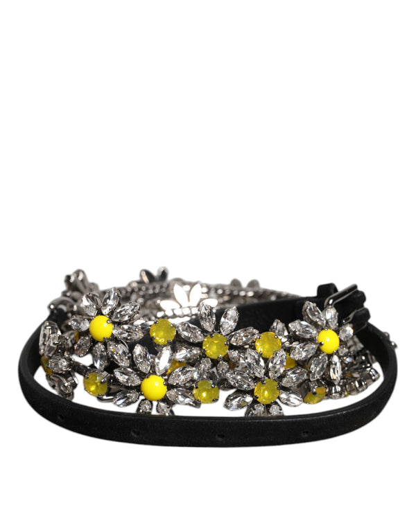 Black Leather Daisy Crystal Embellish Waist Belt Dolce & Gabbana