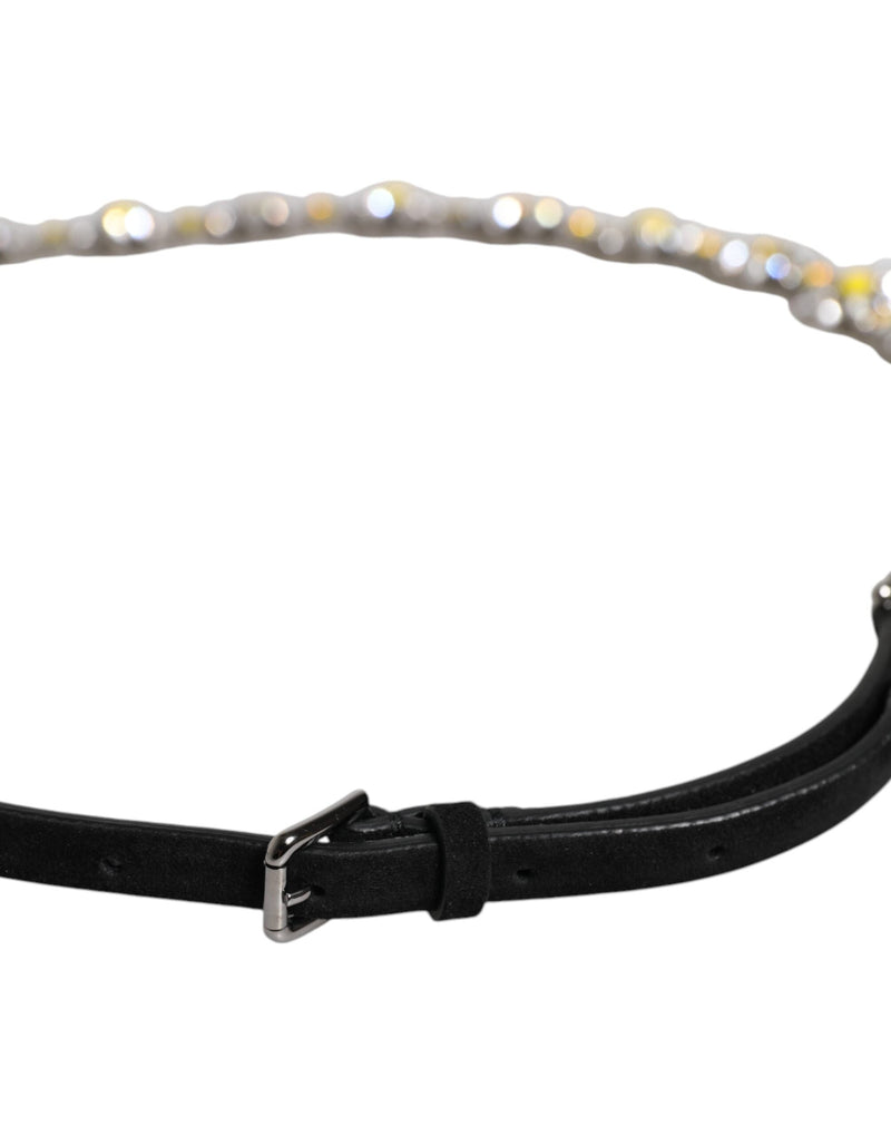 Black Leather Daisy Crystal Embellish Waist Belt Dolce & Gabbana