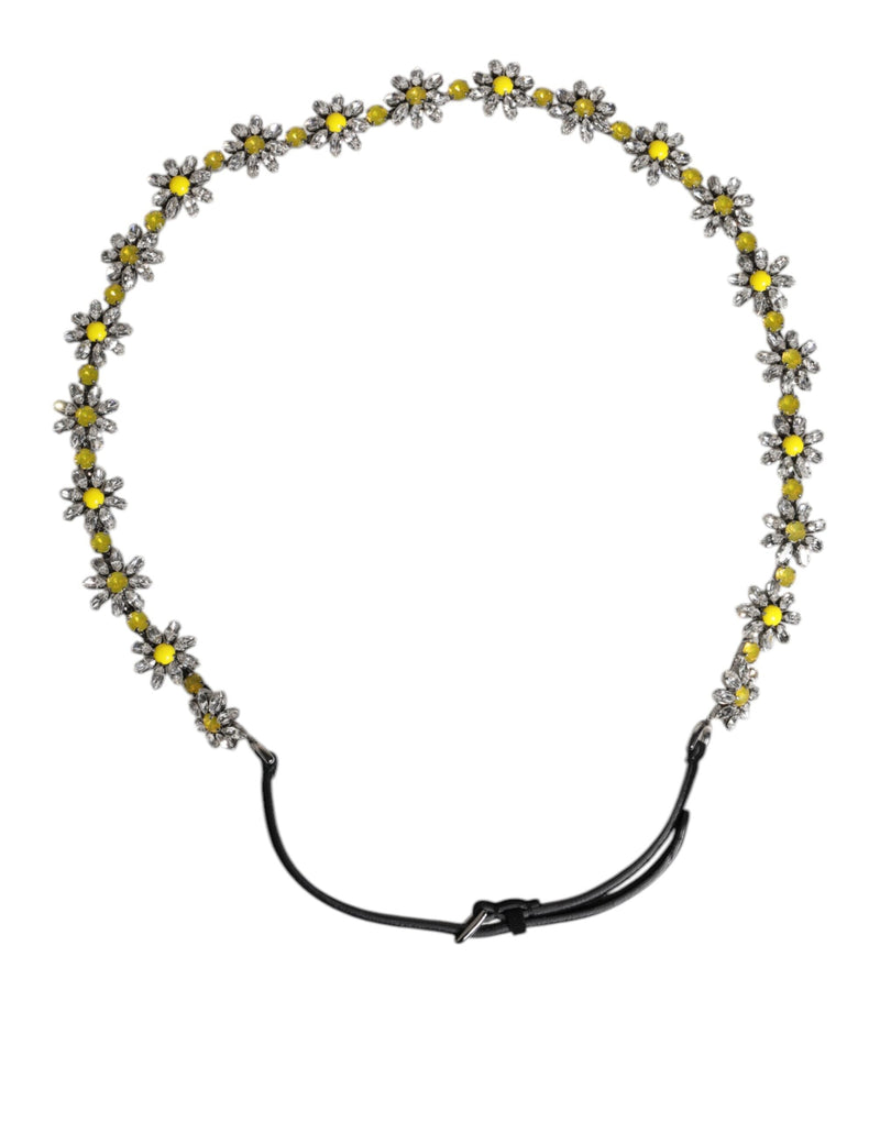 Black Leather Daisy Crystal Embellish Waist Belt Dolce & Gabbana