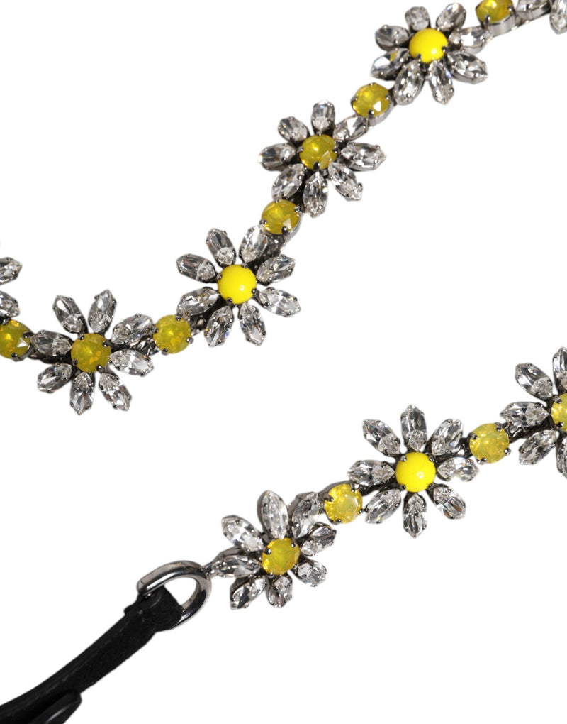 Black Leather Daisy Crystal Embellish Waist Belt Dolce & Gabbana