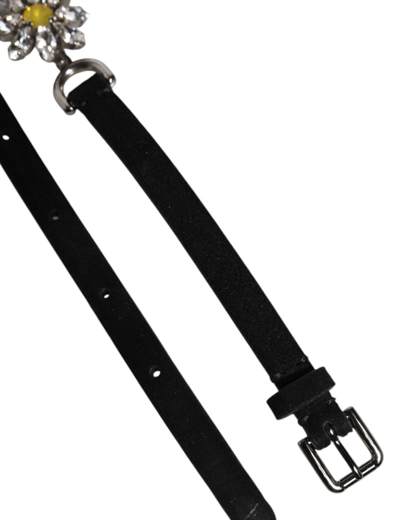 Black Leather Daisy Crystal Embellish Waist Belt Dolce & Gabbana