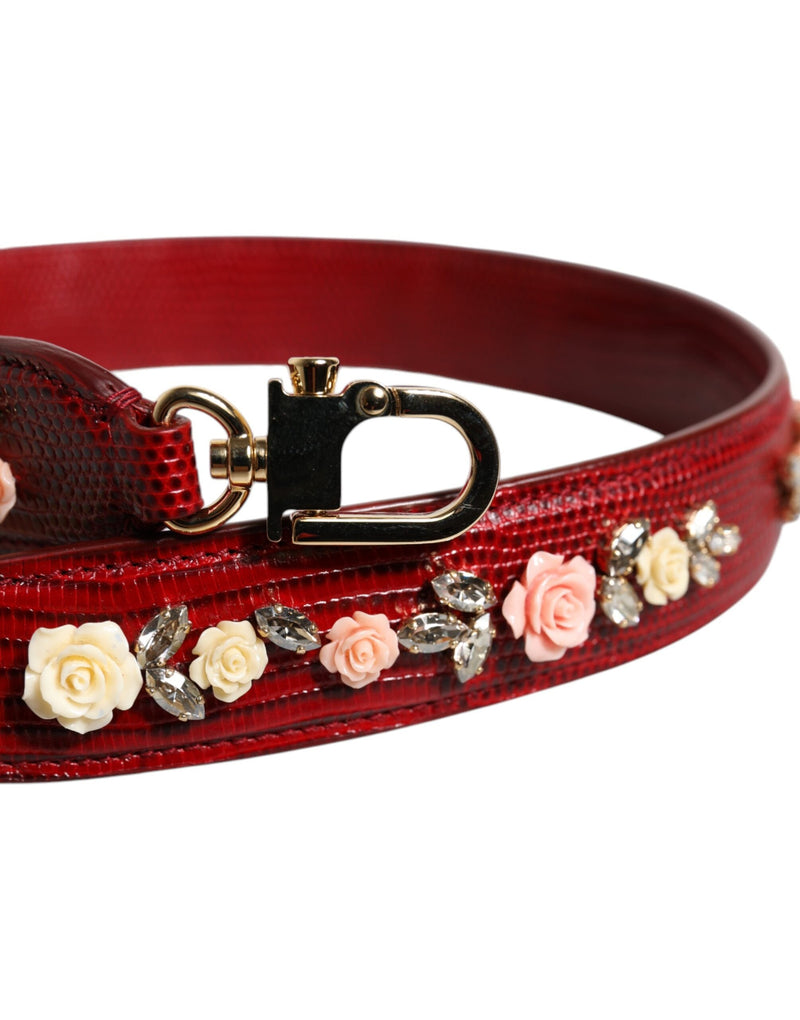 Red Leather Floral Embellish Bag Shoulder Strap Dolce & Gabbana