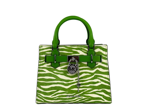 Hamilton Small Leather Zebra Print Satchel Crossbody Jungle Green Michael Kors