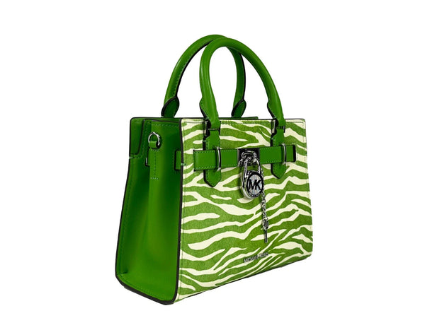 Hamilton Small Leather Zebra Print Satchel Crossbody Jungle Green Michael Kors