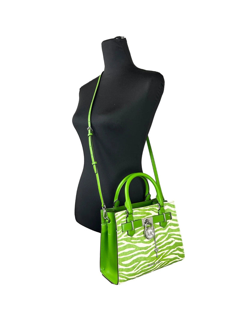 Hamilton Small Leather Zebra Print Satchel Crossbody Jungle Green Michael Kors