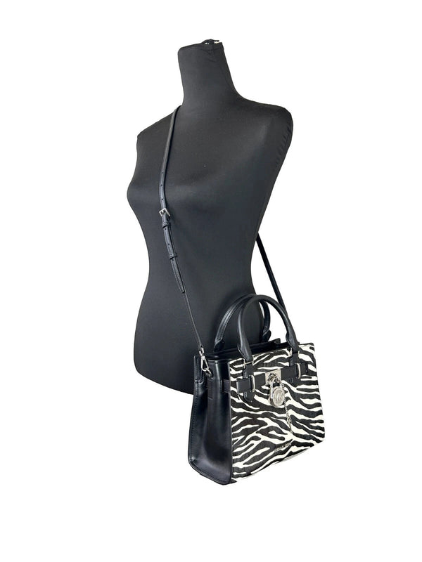 Hamilton Small Leather Zebra Print Satchel Crossbody Black/White Michael Kors