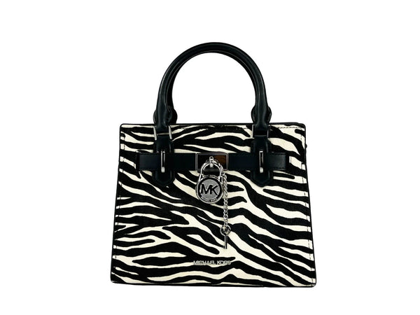 Hamilton Small Leather Zebra Print Satchel Crossbody Black/White Michael Kors