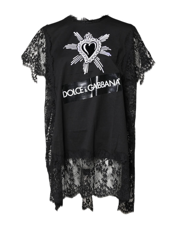Black Lace Sheer Sacred Heart Crew Neck Top Dolce & Gabbana