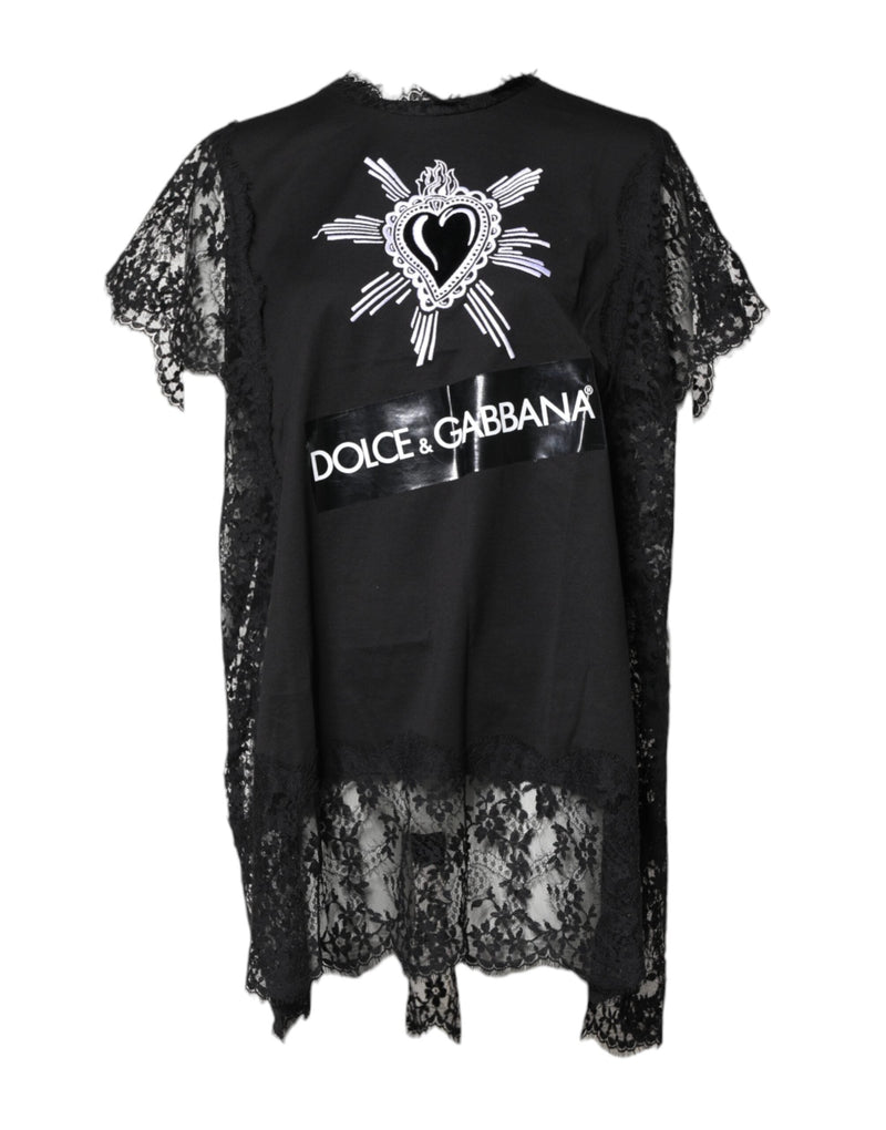 Black Lace Sheer Sacred Heart Crew Neck Top Dolce & Gabbana