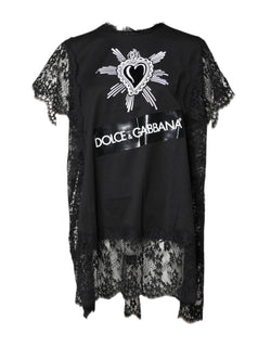 Black Lace Sheer Sacred Heart Crew Neck Top Dolce & Gabbana